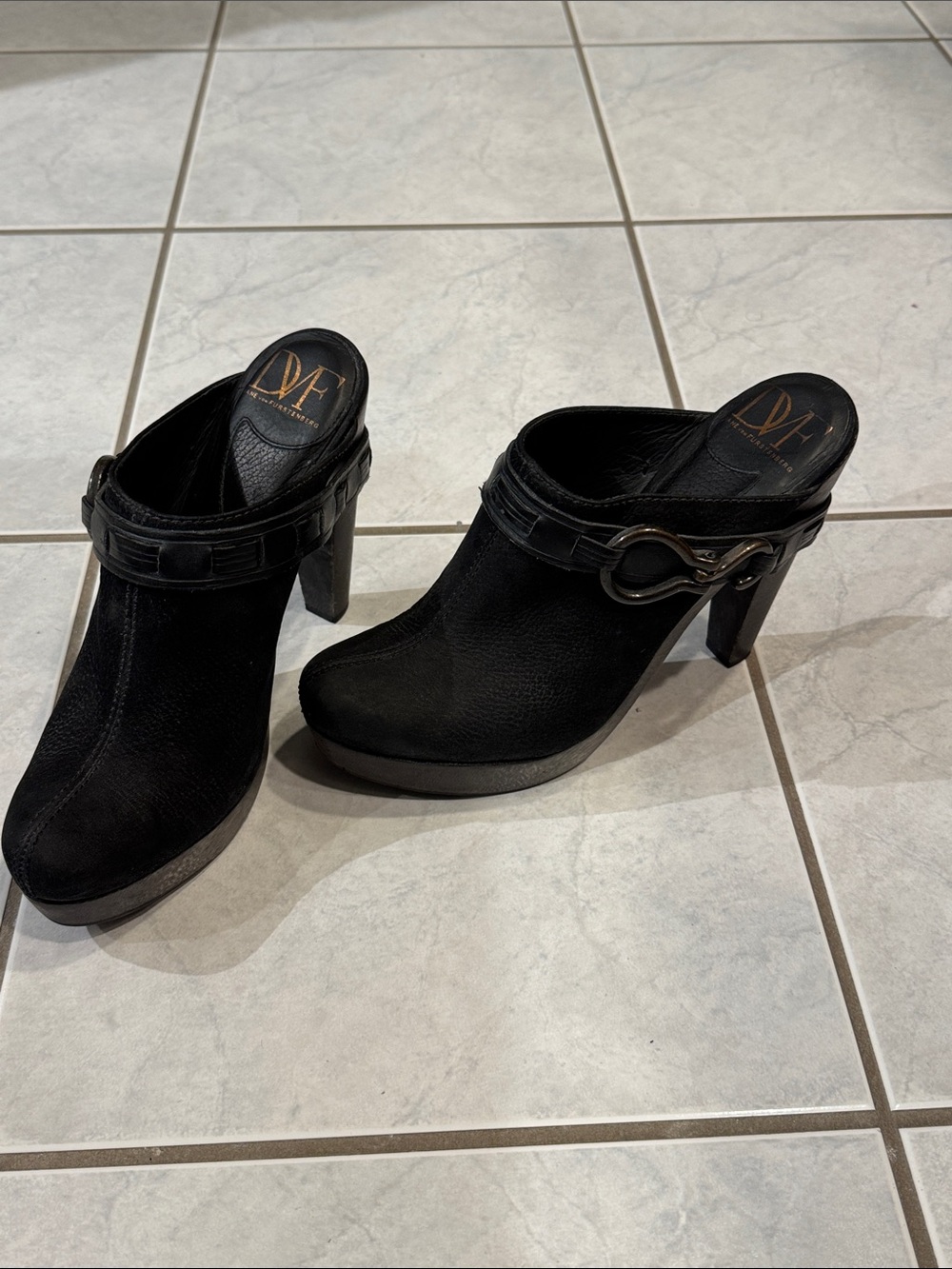 Diane Von Furstenberg Black Leather Platform Mule Heels with Buckle